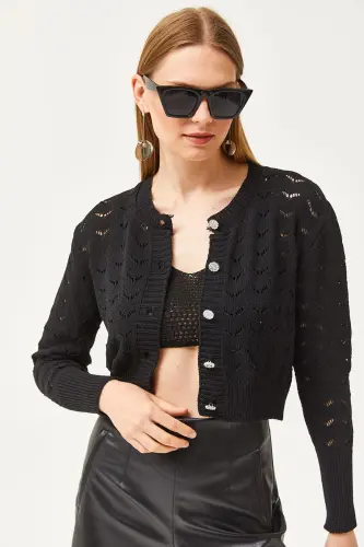 Women Black Inner Bustier Top Openwork Cardigan Knitted Set - 6