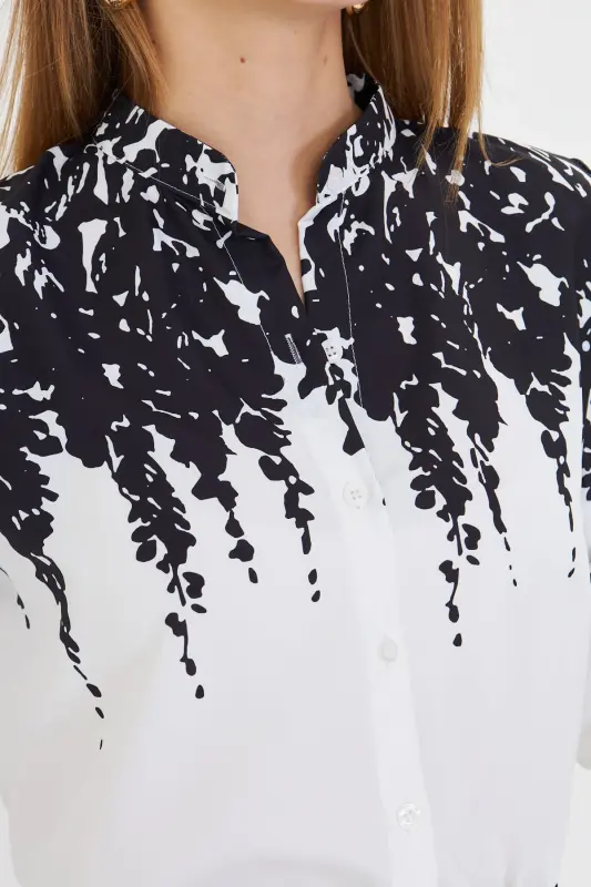 Women Black Judge Collar Polyviscon Satin Patterned Blouse - 2
