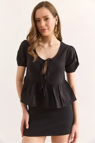 Women Black Lace-Up Detailed Woven Blouse BLZ-1900294 - OLALOOK (1)