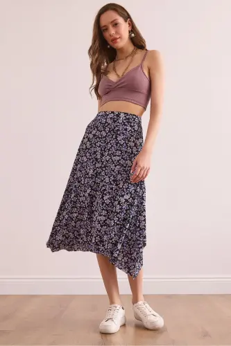 Women Black Lilac Asymmetric Patterned Skirt ETK-190001 