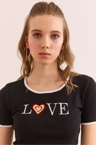 Women Black Love Embroidered Crop Elastic Cotton Blouse BLZ - 4