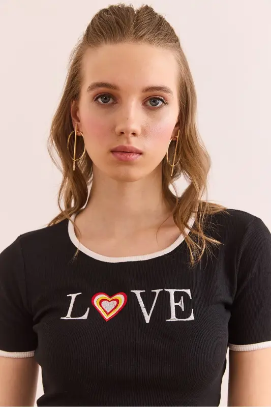 Women Black Love Embroidered Crop Elastic Cotton Blouse BLZ - 4