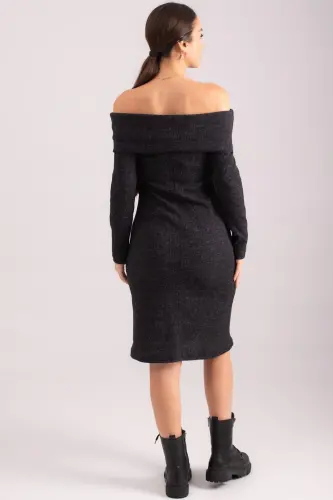 Women Black Madonna Collar Bodycon Ribbed Corset Dress ARM-24K001070-Black - 3