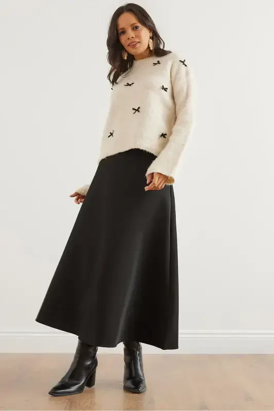 Women Black Maxi Flare Puffy Scuba Skirt ETK-19000296- - OLALOOK