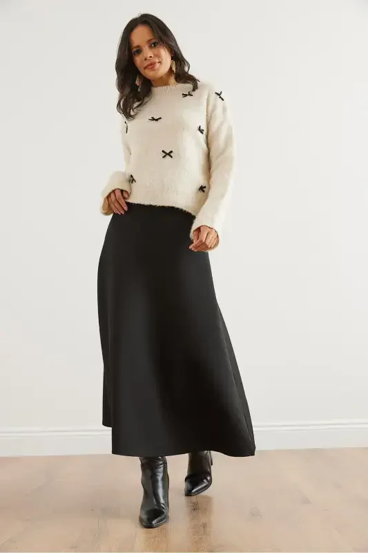 Women Black Maxi Flare Puffy Scuba Skirt ETK-19000296- - 2