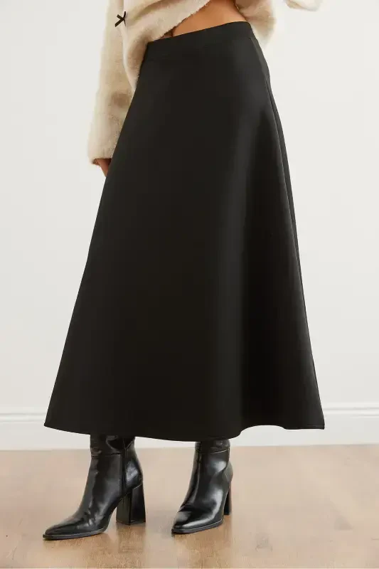 Women Black Maxi Flare Puffy Scuba Skirt ETK-19000296- - 4