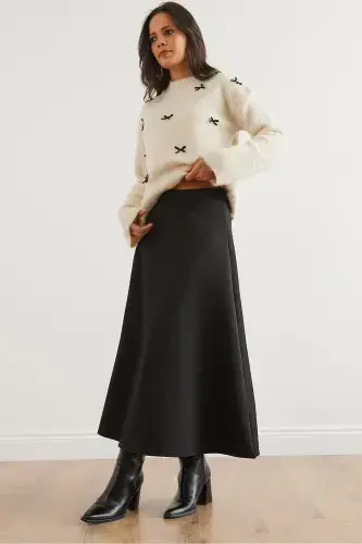 Women Black Maxi Flare Puffy Scuba Skirt ETK-19000296- - 5