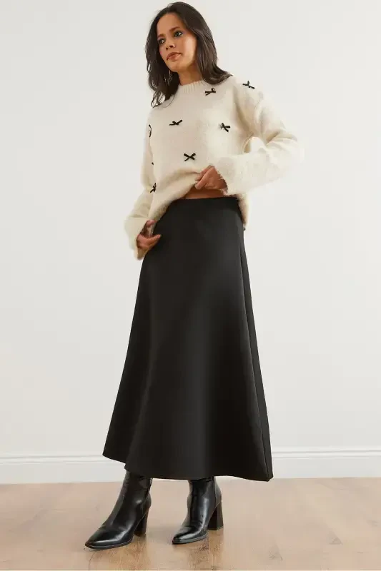 Women Black Maxi Flare Puffy Scuba Skirt ETK-19000296- - 5