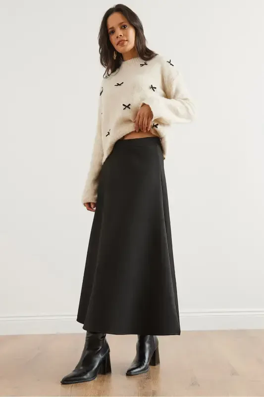 Women Black Maxi Flare Puffy Scuba Skirt ETK-19000296- - 6