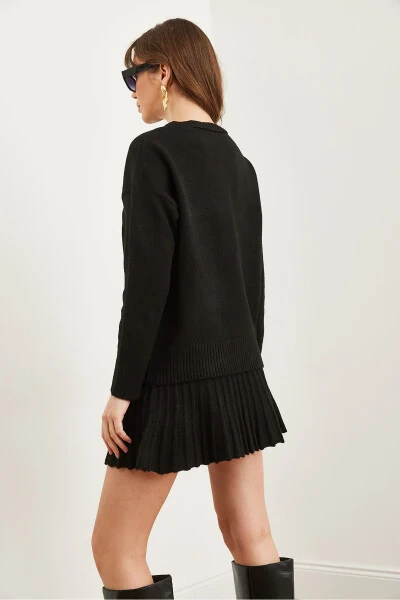 Women Black Mock Neck Sweater Mini Pleated Skirt Knit Set TKM-19000333 - 7
