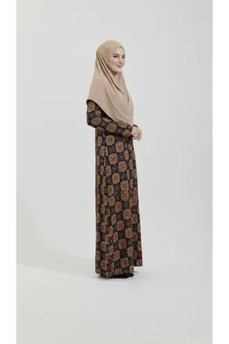 Women, Black Motif Patterned, with Bag, Practical One-Piece Non-Slip Headscarf, Hijab Prayer Dress 2312 - 00565 Black Beige - 3