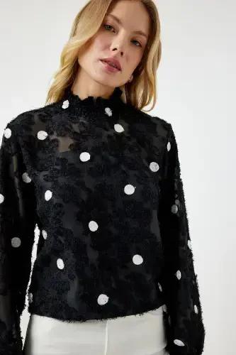 Women Black Mottled Polka Dot Woven Blouse TP00020-Black - 1