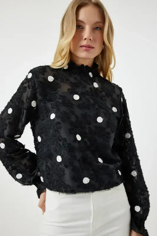 Women Black Mottled Polka Dot Woven Blouse TP00020-Black - 2