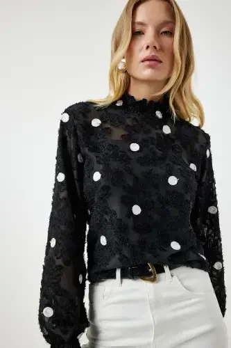 Women Black Mottled Polka Dot Woven Blouse TP00020-Black - 3