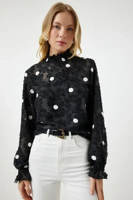 Women Black Mottled Polka Dot Woven Blouse TP00020-Black - 4