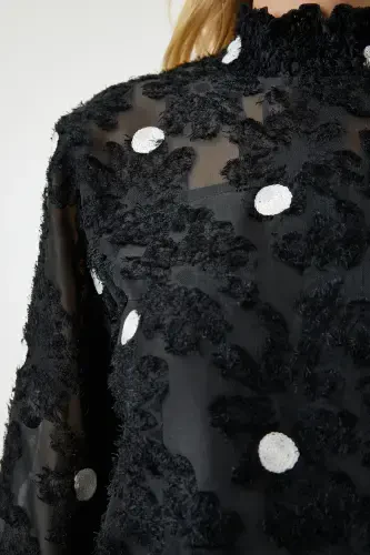 Women Black Mottled Polka Dot Woven Blouse TP00020-Black - 5