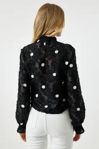Women Black Mottled Polka Dot Woven Blouse TP00020-Black - 6