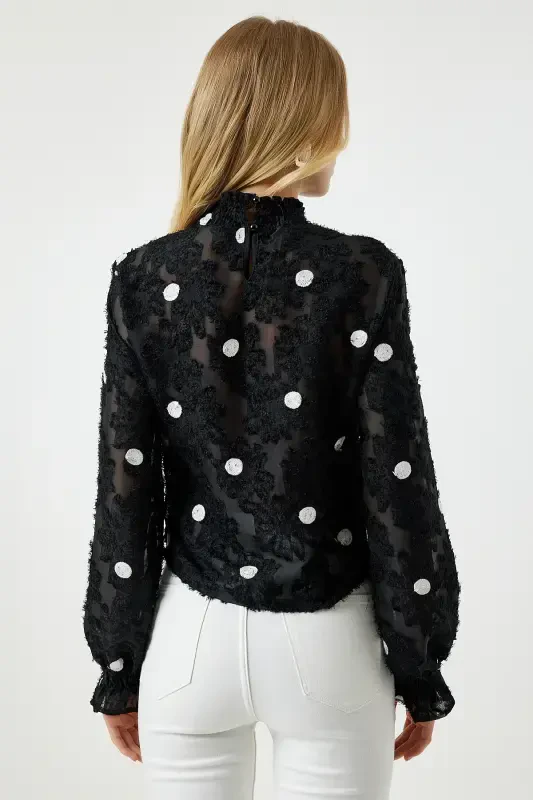 Women Black Mottled Polka Dot Woven Blouse TP00020-Black - 6