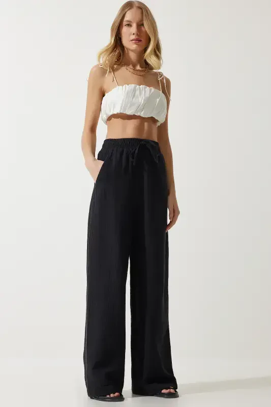 Women Black Muslim Palazzo Pants MX00160-Black - HAPPINESS İSTANBUL