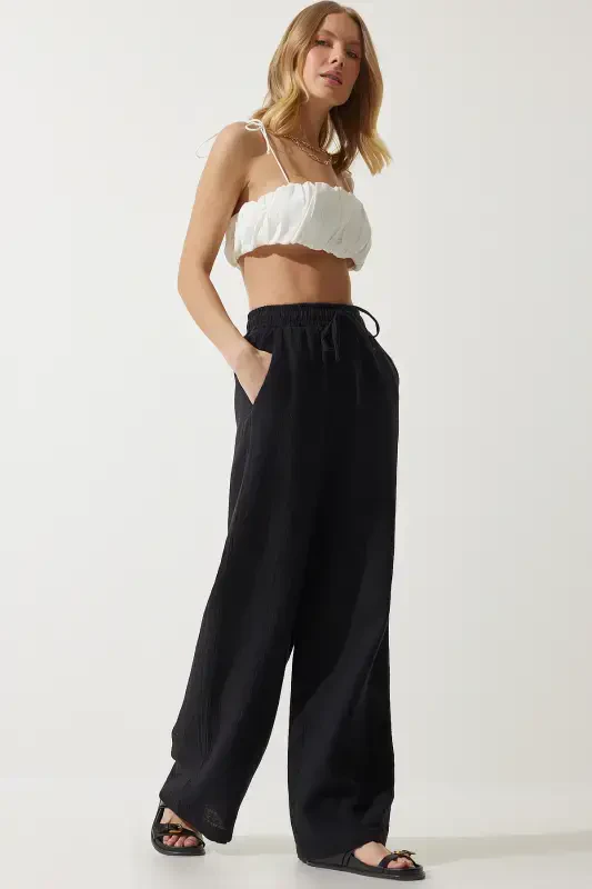 Women Black Muslim Palazzo Pants MX00160-Black - 2