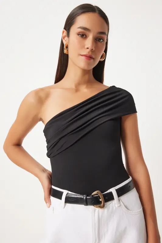 Women Black One Shoulder Ruched Knitted Blouse DZ00112-Black - 2