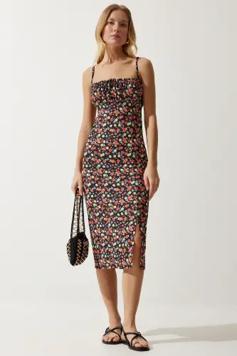 Women Black Orange Floral Slit Summer Knitted Dress CI00029-Black Orange - 3
