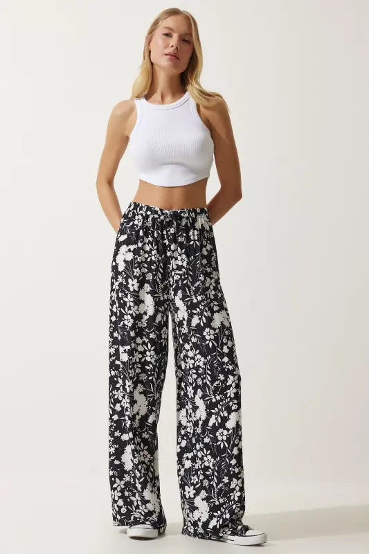 Women Black Patterned Flowy Viscose Palazzo Pants EN00606-Black - 1