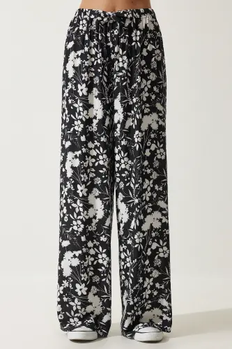 Women Black Patterned Flowy Viscose Palazzo Pants EN00606-Black - 3