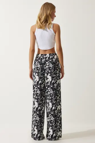 Women Black Patterned Flowy Viscose Palazzo Pants EN00606-Black - 5
