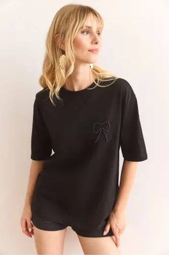 Women Black Pearl Ribbon Detailed Regular Fit Cotton - 1