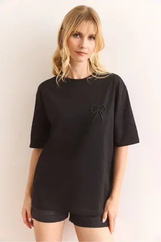 Women Black Pearl Ribbon Detailed Regular Fit Cotton - 4