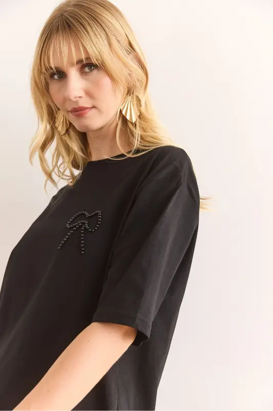 Women Black Pearl Ribbon Detailed Regular Fit Cotton - 5
