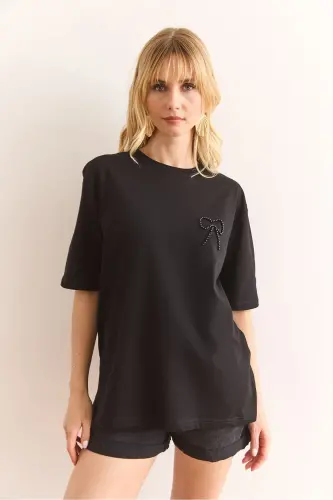 Women Black Pearl Ribbon Detailed Regular Fit Cotton - 7