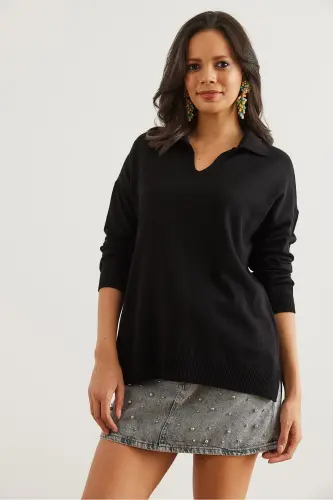 Women Black Polo Neck Basic Knit Sweater KZK-19000871-Black - OLALOOK (1)
