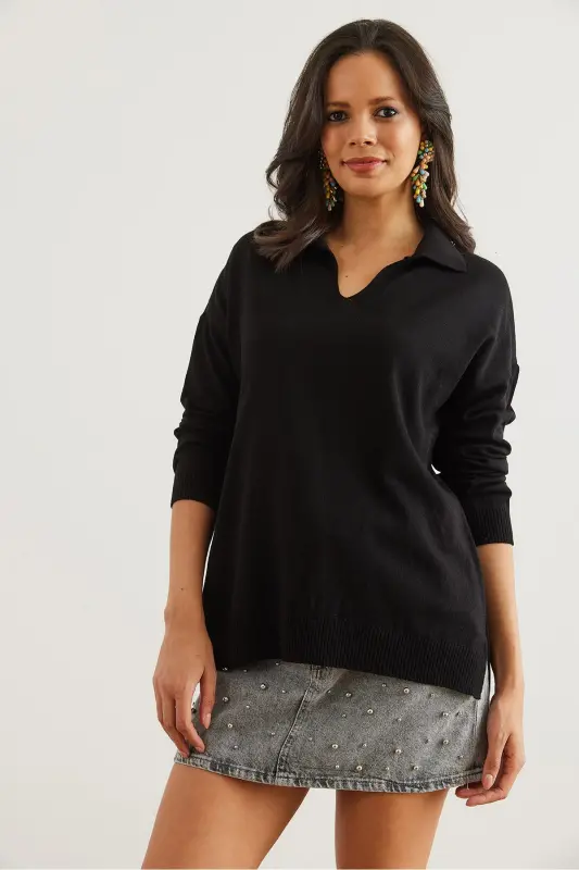 Women Black Polo Neck Basic Knit Sweater KZK-19000871-Black - 2
