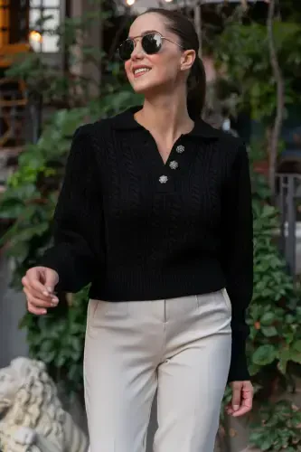 Women Black Polo Neck Buttoned Knitwear Sweater-Blackbuttoned - 1