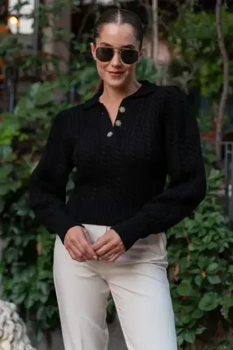 Women Black Polo Neck Buttoned Knitwear Sweater-Blackbuttoned - GENEL MARKALAR (1)