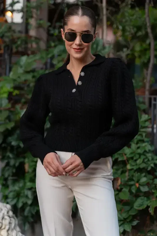 Women Black Polo Neck Buttoned Knitwear Sweater-Blackbuttoned - 2