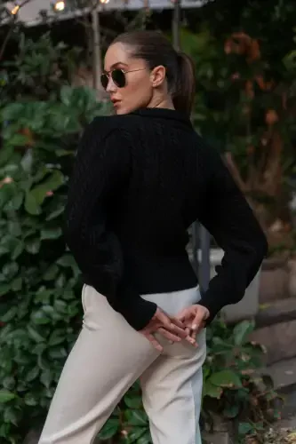 Women Black Polo Neck Buttoned Knitwear Sweater-Blackbuttoned - 3