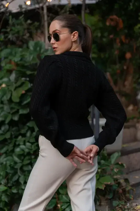 Women Black Polo Neck Buttoned Knitwear Sweater-Blackbuttoned - 3