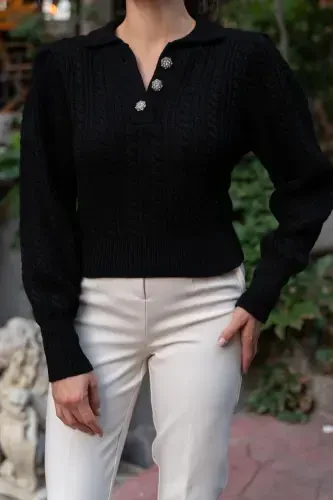 Women Black Polo Neck Buttoned Knitwear Sweater-Blackbuttoned - 4