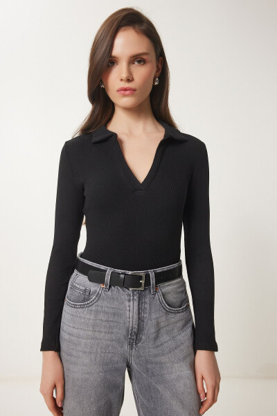 Women Black Polo Neck Ribbed Knitted Blouse GT00111 - HAPPINESS İSTANBUL (1)