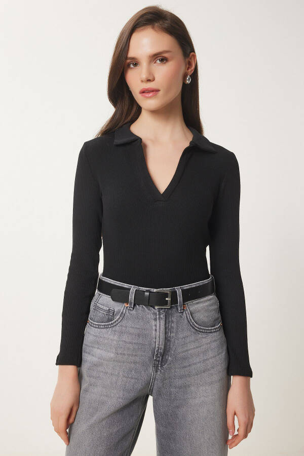 Women Black Polo Neck Ribbed Knitted Blouse GT00111 - 4