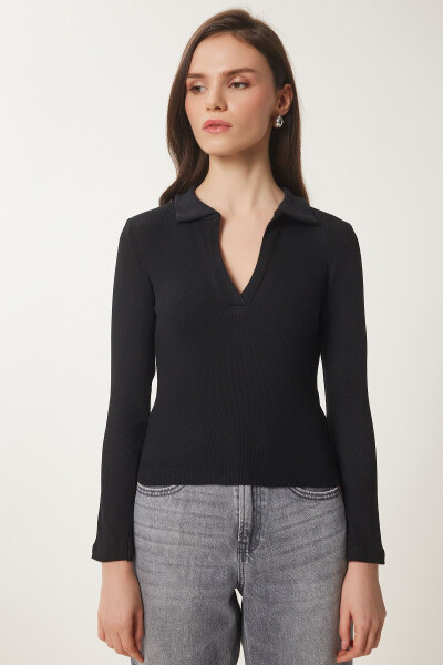Women Black Polo Neck Ribbed Knitted Blouse GT00111 - 5