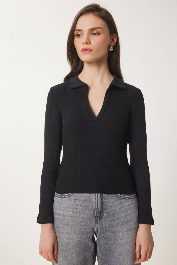 Women Black Polo Neck Ribbed Knitted Blouse GT00111 - 5