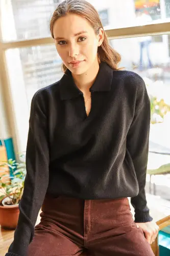 Women Black Polo Neck Washed Soft Texture Knitted Sweater KZK-19000432-Black - OLALOOK (1)