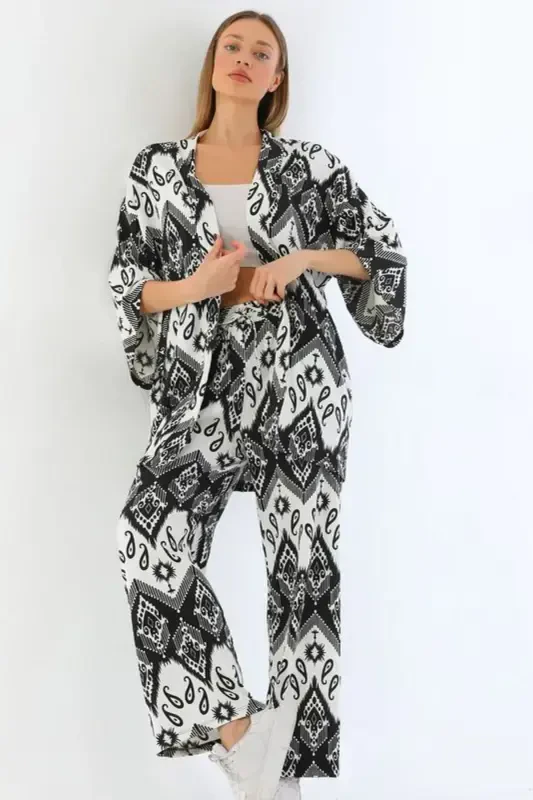 Women Black Shawl Patterned Wide Leg Palazzo Top and Kimono Set-SHAWLDESENSIYAH - 1