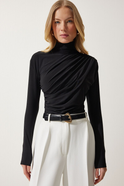 Women Black Shirred Detailed Stand Up Collar Sandy Blouse FF00 - HAPPINESS İSTANBUL (1)