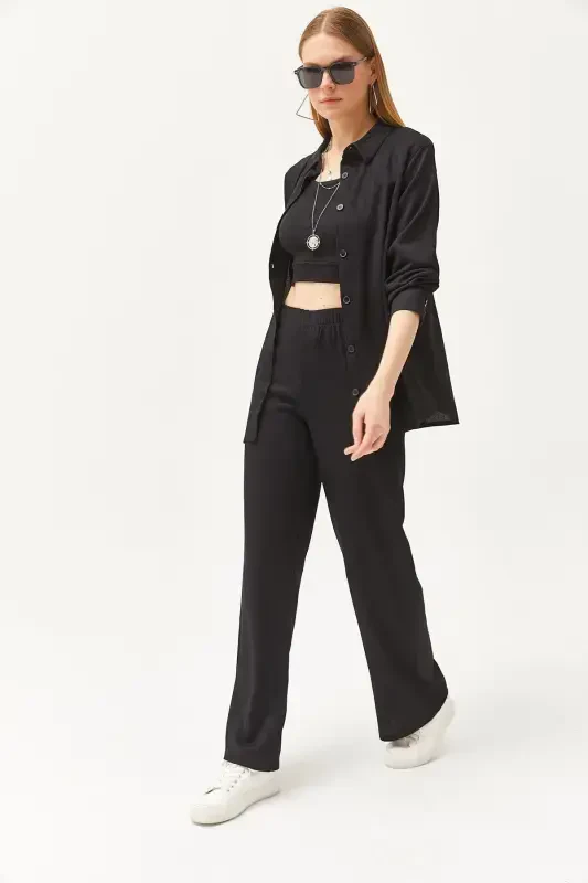 Women Black Shirt Blouse Pants 3-Piece Suit TKM-19 - OLALOOK