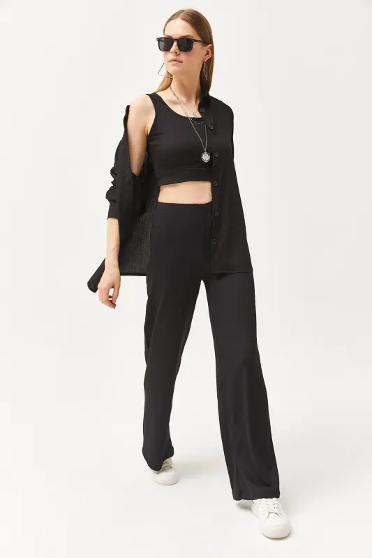 Women Black Shirt Blouse Pants 3-Piece Suit TKM-19 - 5